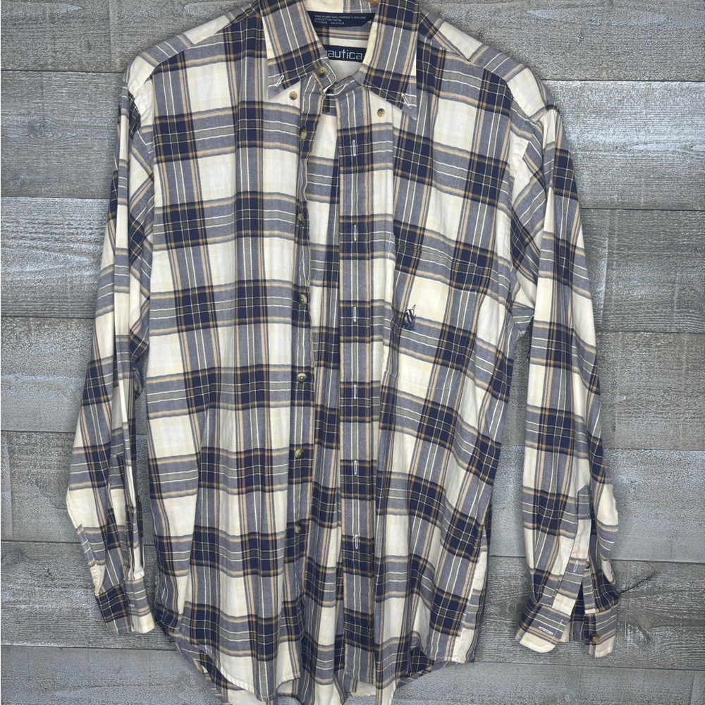 Nautica Men's Navy and Cream Plaid flannel Shirt